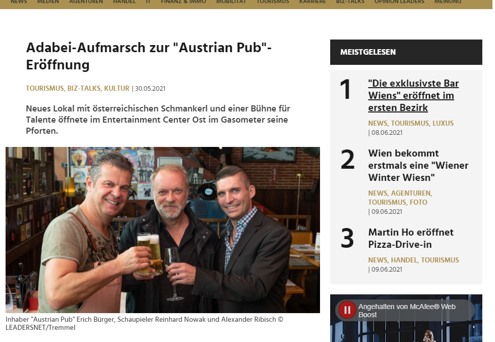 Adabei-Aufmarsch zur „Austrian Pub“-Eröffnung – Artikel Leadersnet – 30. Mai